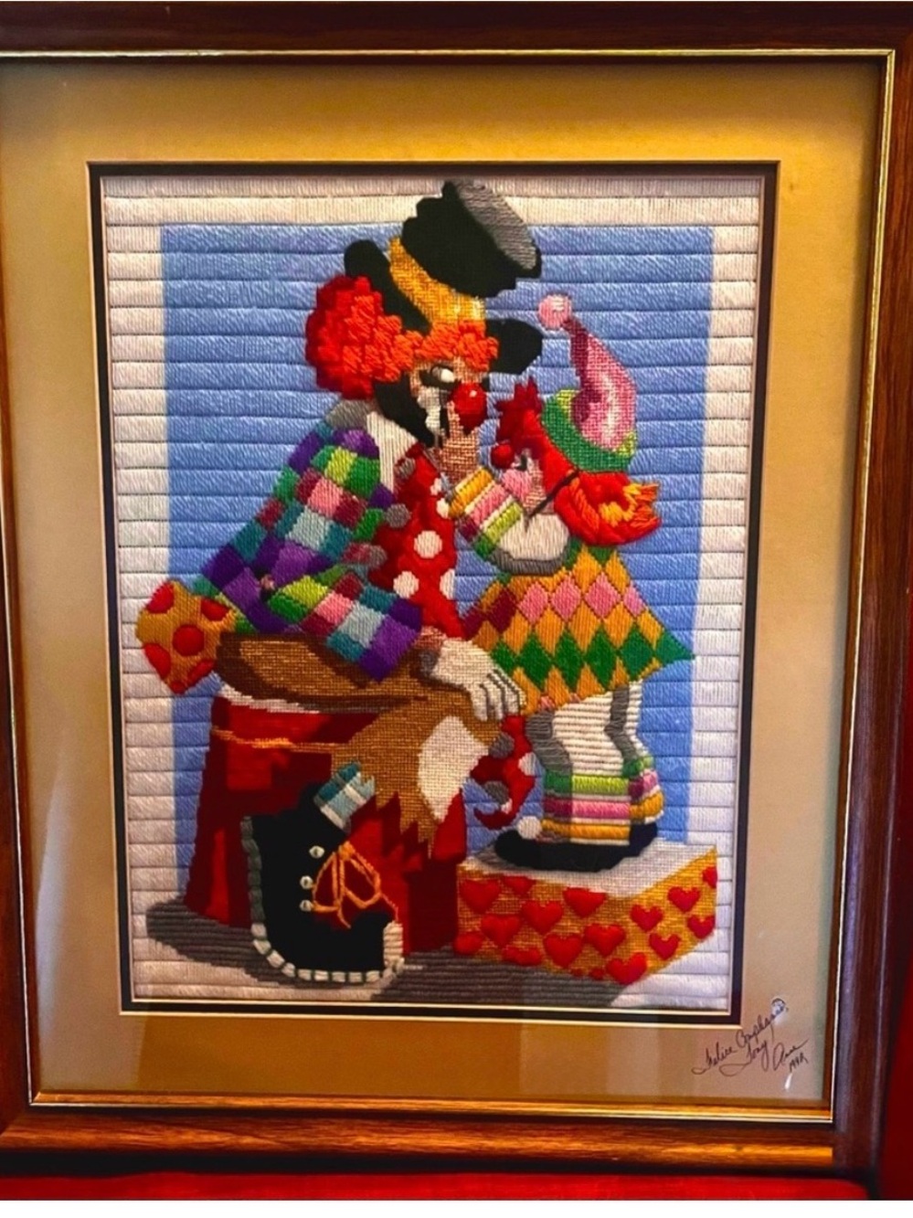 Needlework Daddy and Daughter  Framed Picture 17-3/4”x 21-3/4”. Signed